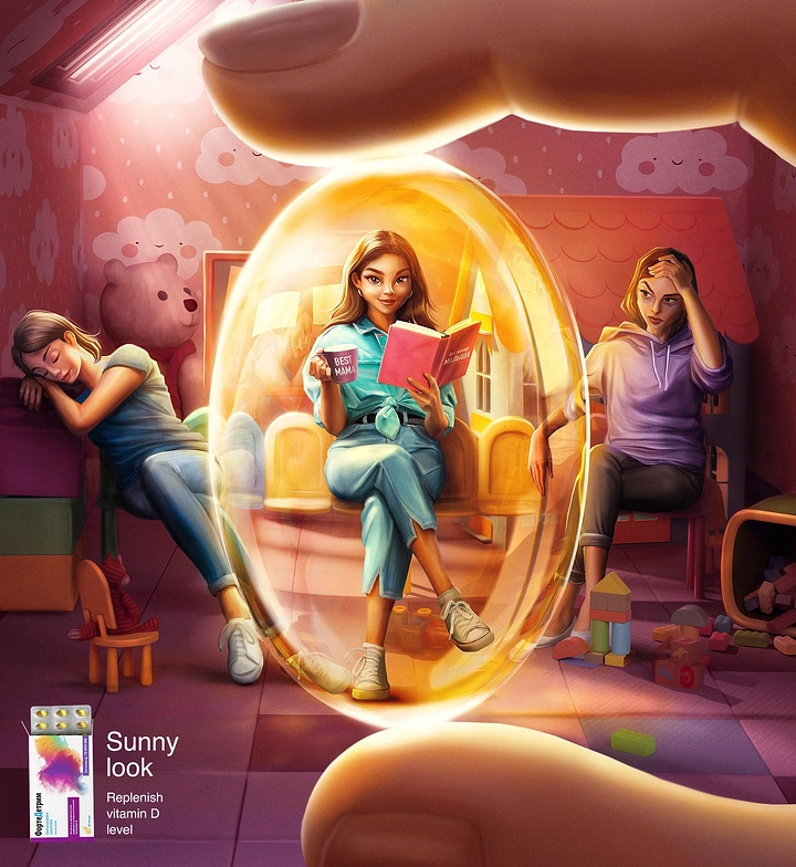 Mother's Day creative ad: Giant fingers holding a golden vitamin capsule with a radiant mother inside