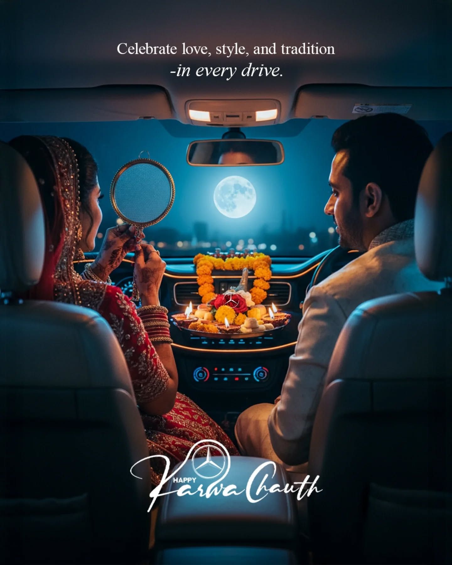 Couple in luxury car interior with puja thali and full moon