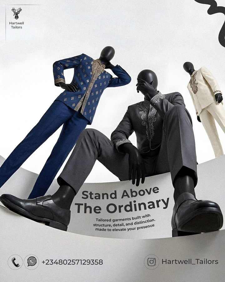 Tailors & Alterations creative ad: Floating suits as sitting figures, dynamic