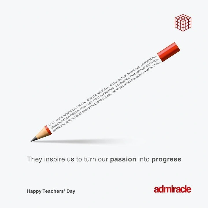 Teachers Day creative ad: Diagonal red-capped pencil printed with agency service names