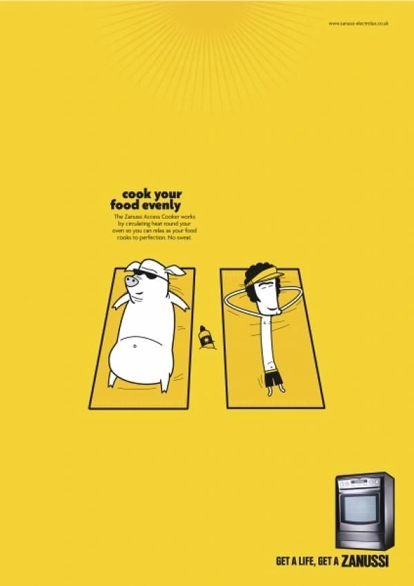 Home Appliances creative ad: Sunbathing characters as even cooking metaphor