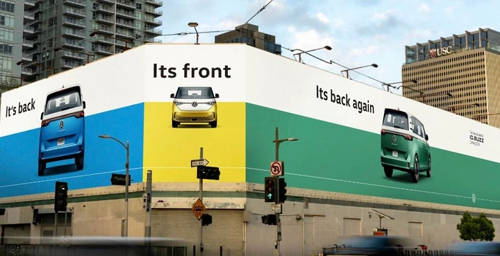 Electric Vehicles creative ad: Three views of a retro electric van on blue, yellow and green panels