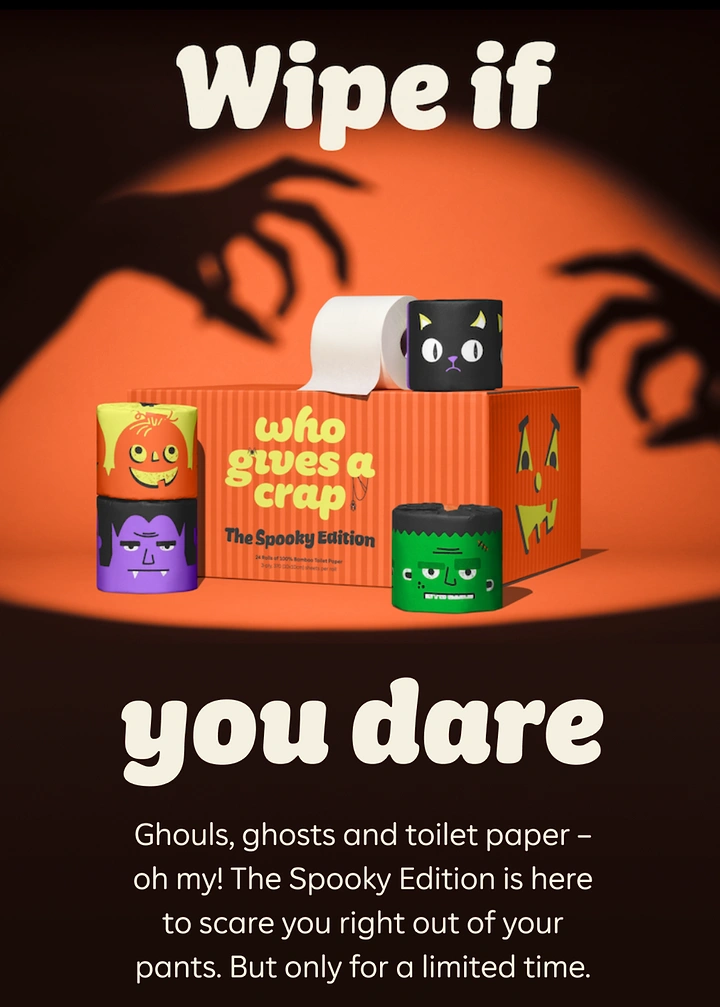 Halloween creative ad: Halloween toilet paper box with monster-character rolls