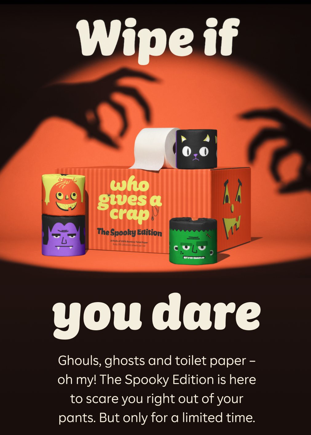 Halloween toilet paper box with monster-character rolls