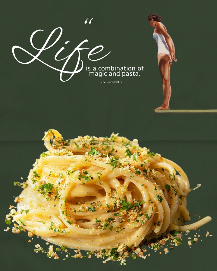 Italian Restaurants creative ad: Surreal figure balances atop pasta