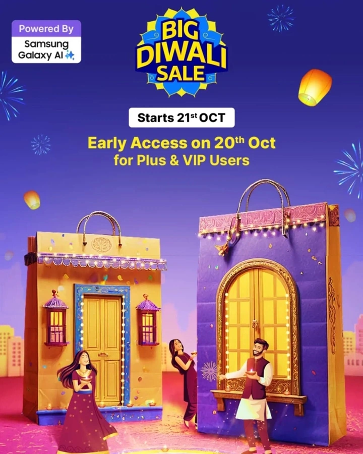 Diwali creative ad: Giant shopping bags styled as lit festive houses with people holding diyas