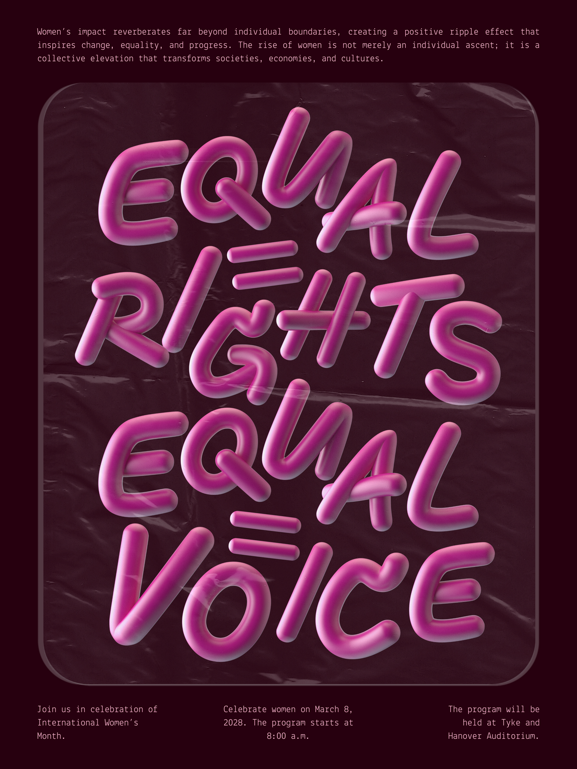 Women's Day Poster: Puffy pink 3D tube-lettering slogan under crinkled plastic