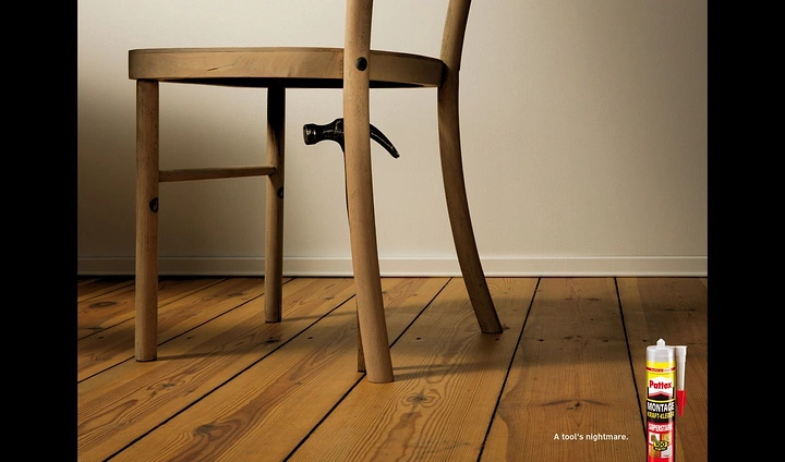 Carpenters & Woodwork creative ad: Glued chair leg proves adhesive strength
