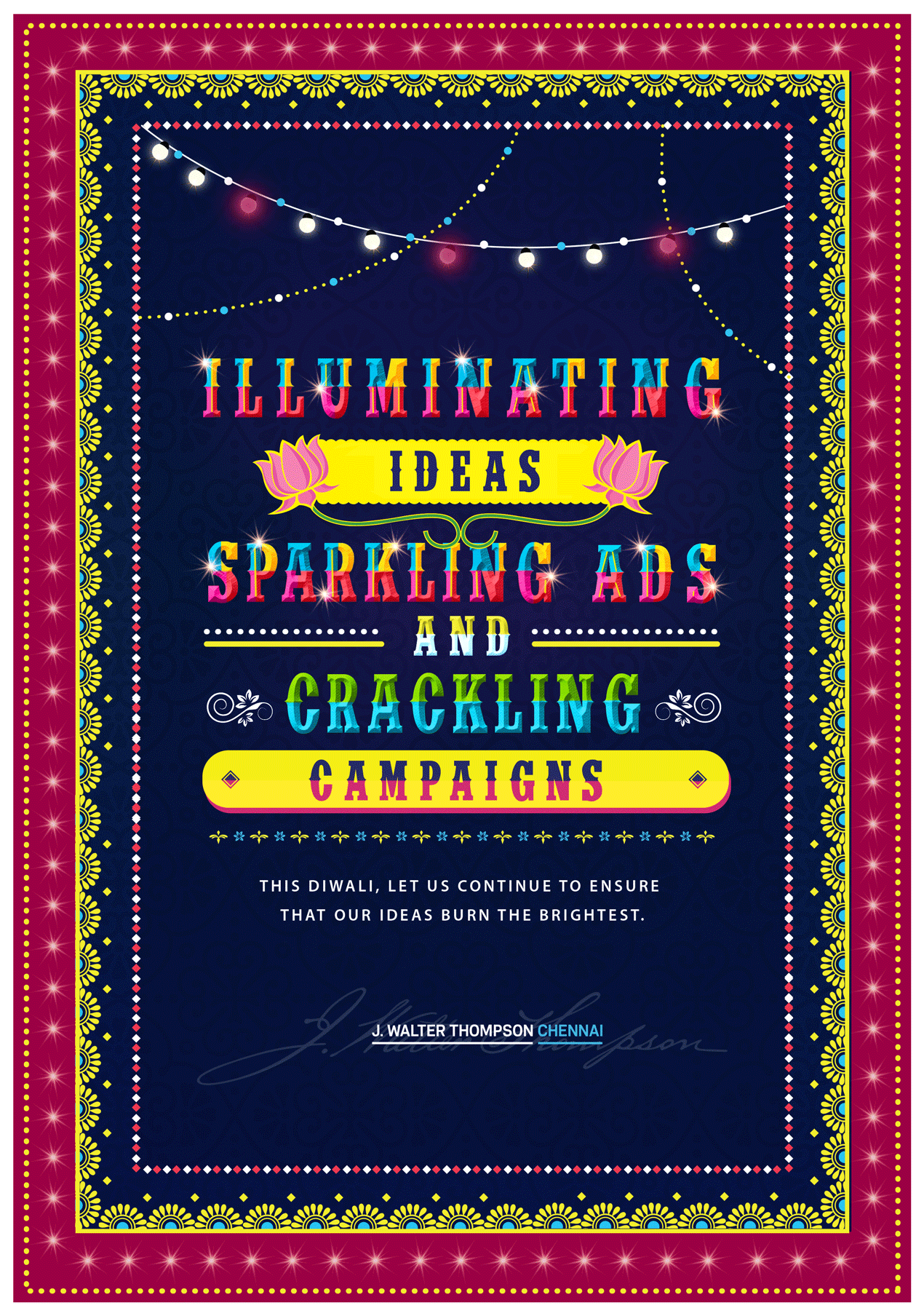 Colourful vintage display typography with string lights and lotus flowers