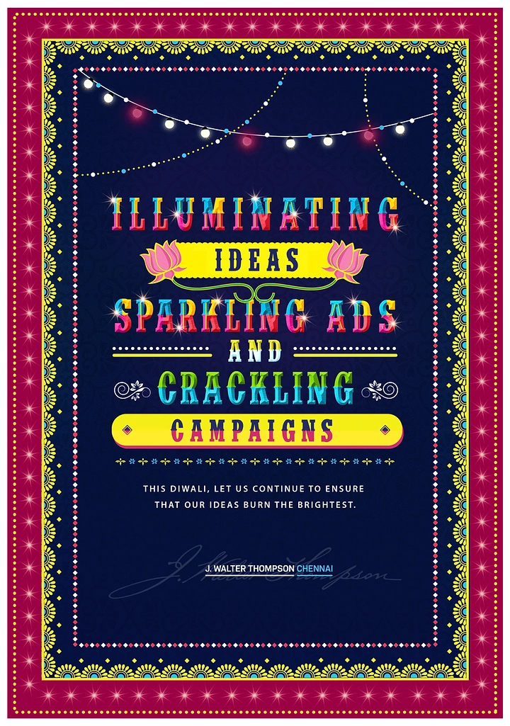 Diwali creative ad: Colourful vintage display typography with string lights and lotus flowers