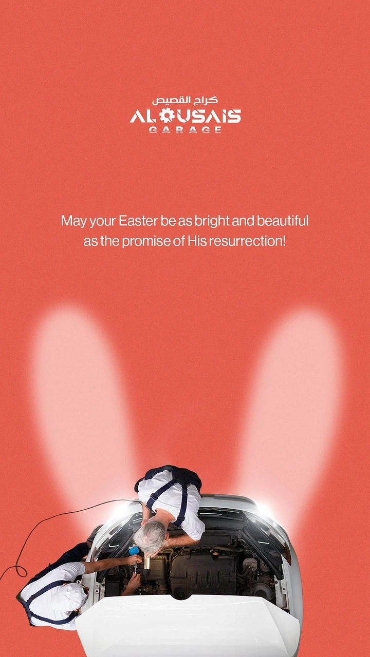 Easter creative ad: Top-down mechanics working under an open car hood, headlight beams forming bunny ears