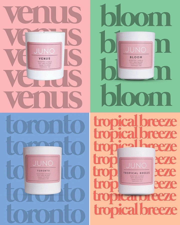 Candles & Home Fragrance creative ad: Repeated scent-name typography grid, bold colour