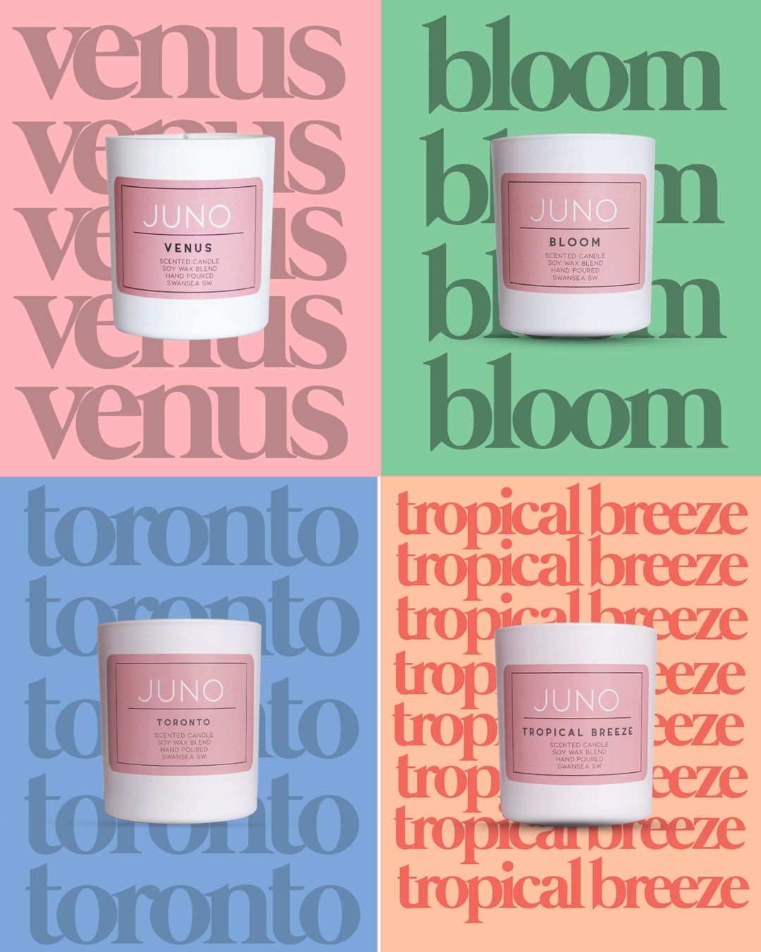 Instagram post: Repeated scent-name typography grid, bold colour