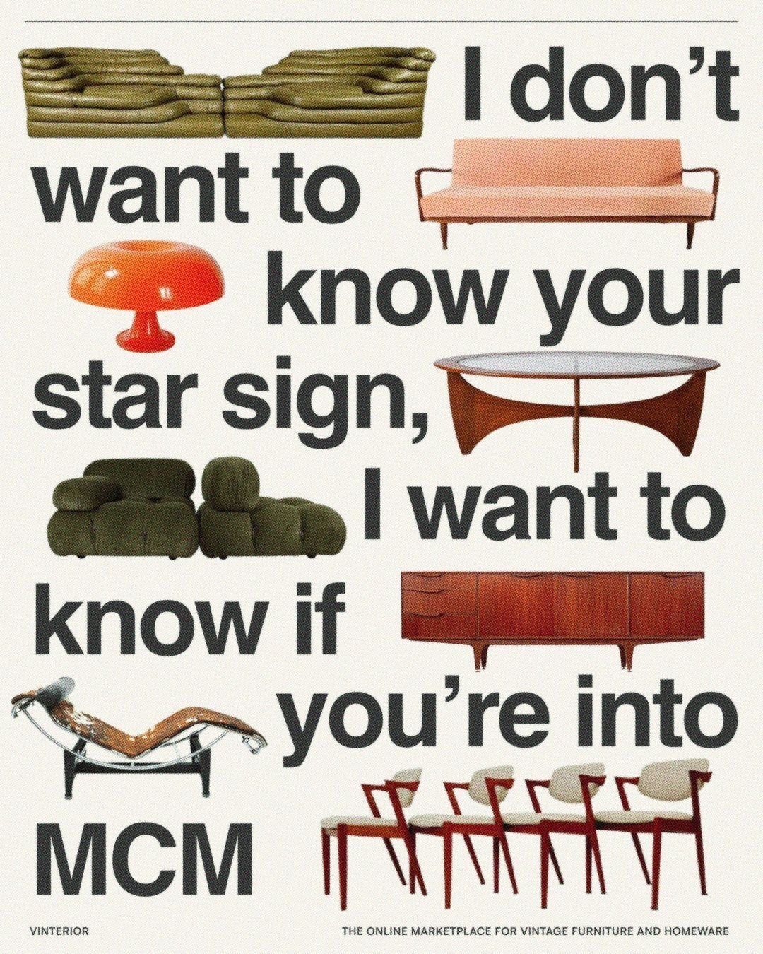 Mid-century furniture cutouts interlocked with a large text line