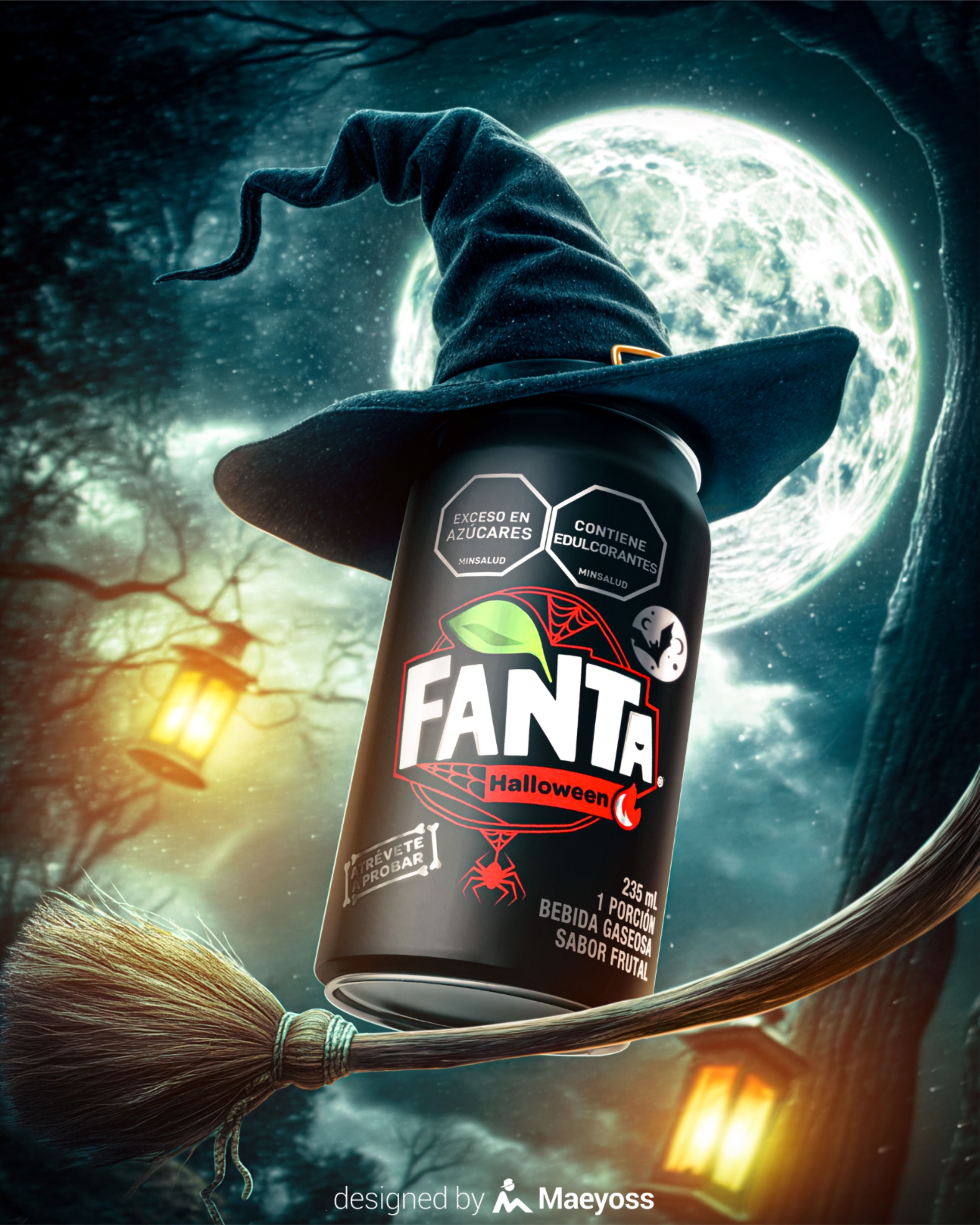 Black soda can wearing a witch hat on a broomstick under a full moon