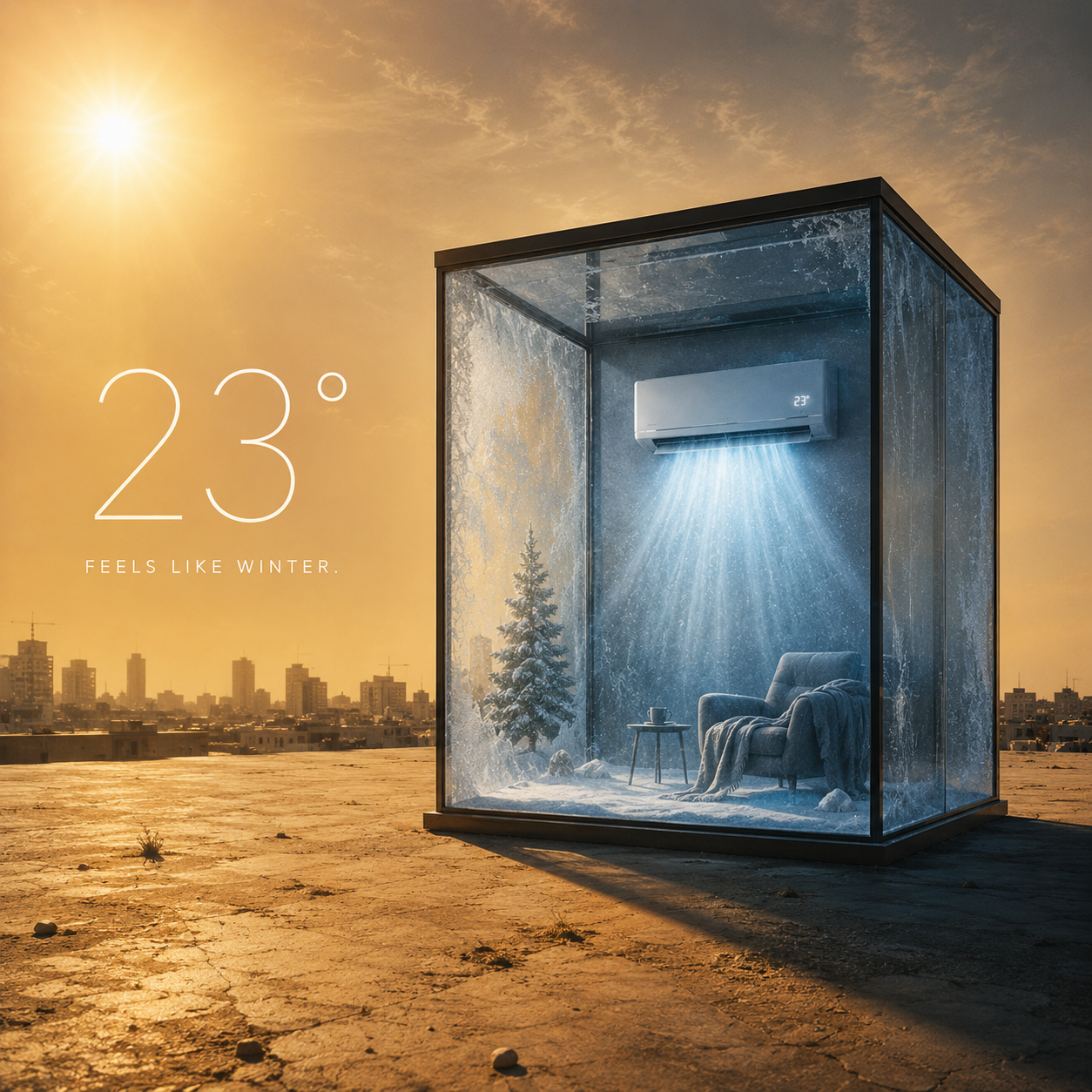 Instagram post: Frozen glass room with AC on a scorching rooftop