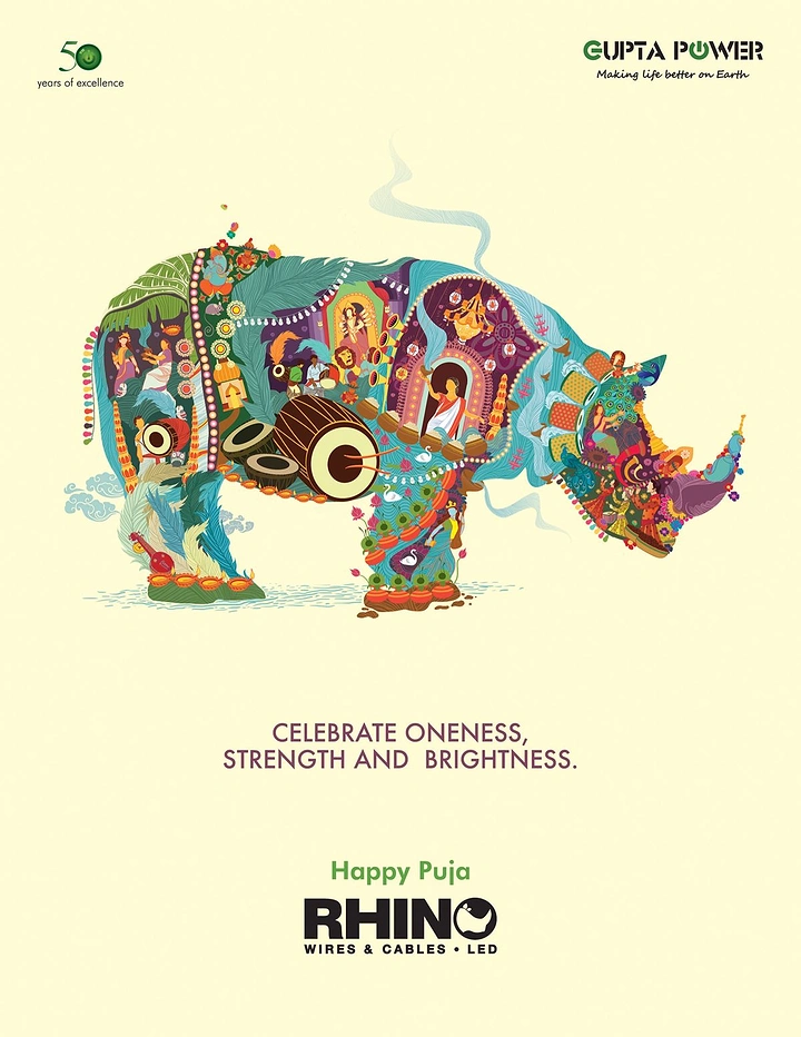 Durga Puja creative ad: Rhino silhouette filled with Durga Puja folk-art scenes