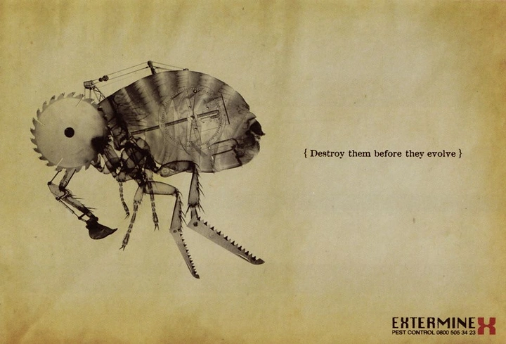 Pest Control creative ad: Flea evolving saw weapons, destroy before evolve