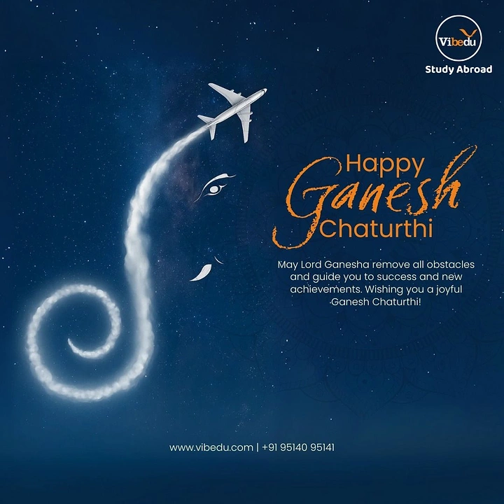 Ganesh Chaturthi creative ad: Airplane contrail forming Ganesha's trunk against a starry night sky