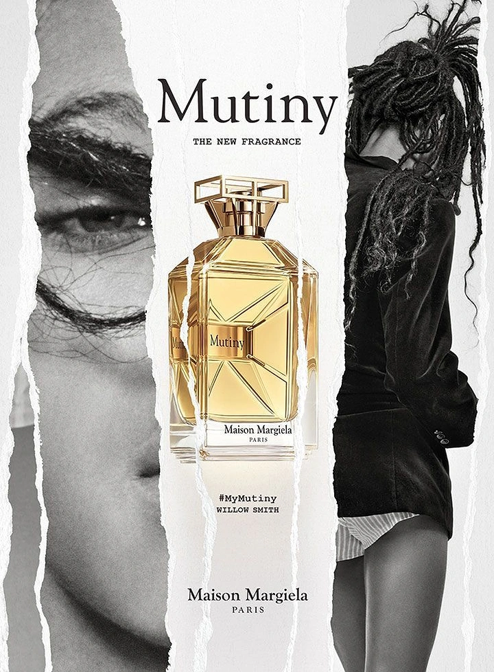 Creative ad: Faceted gold perfume bottle between torn black-and-white portrait strips