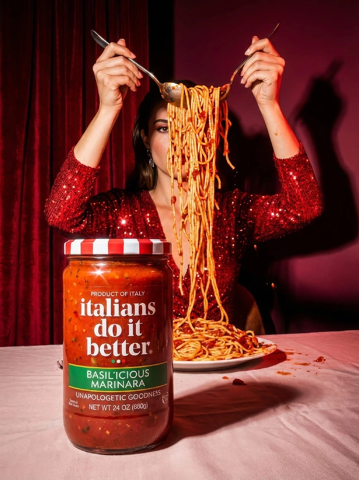 Instant Noodles & Pasta Brands creative ad: Witty copy with theatrical pasta pull