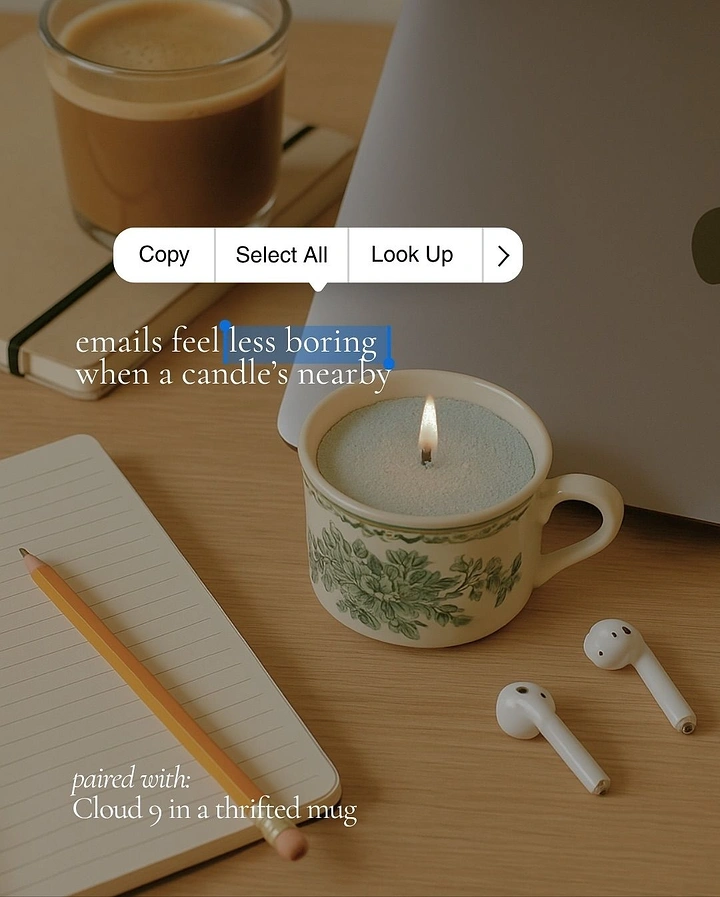 Candles & Home Fragrance creative ad: Text-selection UI highlights 'less boring'