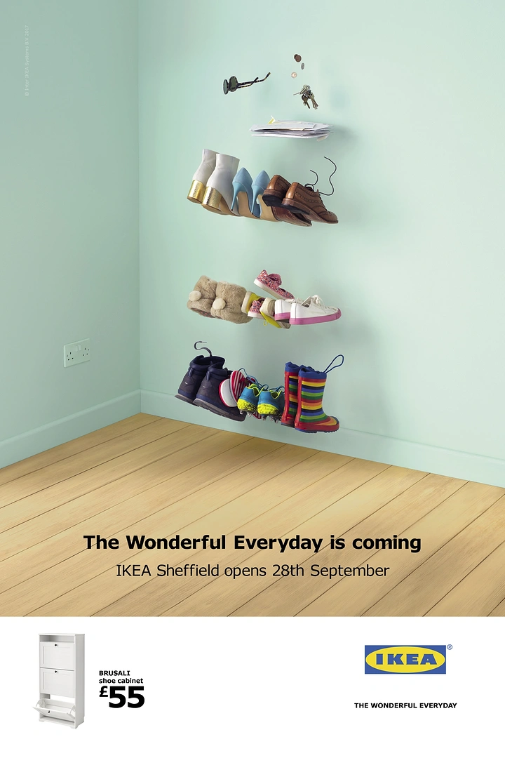 Home Decor creative ad: Family shoes floating on an empty wall in stacked shelf rows, implying a shoe cabinet