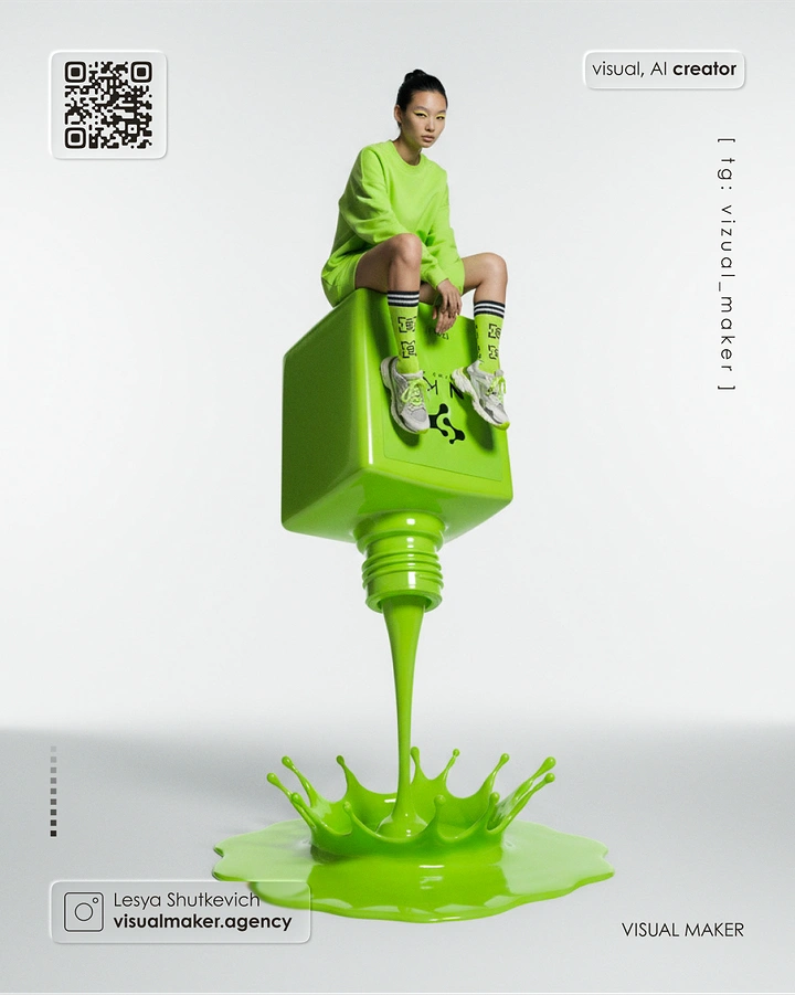 Photography creative ad: Model perched on dripping polish bottle