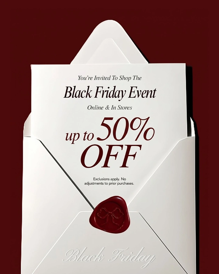 Black Friday creative ad: Open white envelope with invitation card and red wax seal