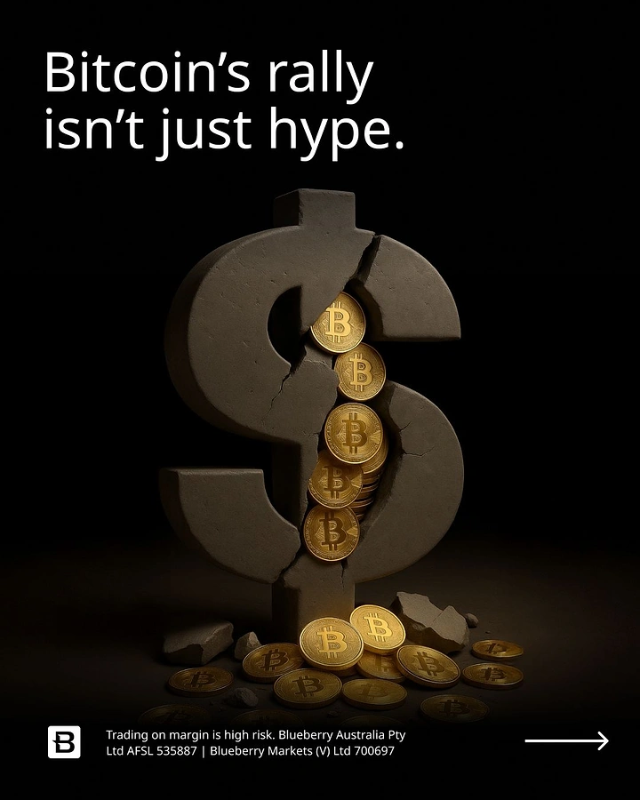 Stock Brokers & Investing creative ad: Cracked stone dollar sign spilling gold bitcoins