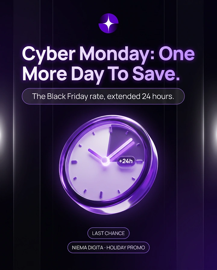 Cyber Monday creative ad: Translucent purple 3D clock with +24h label