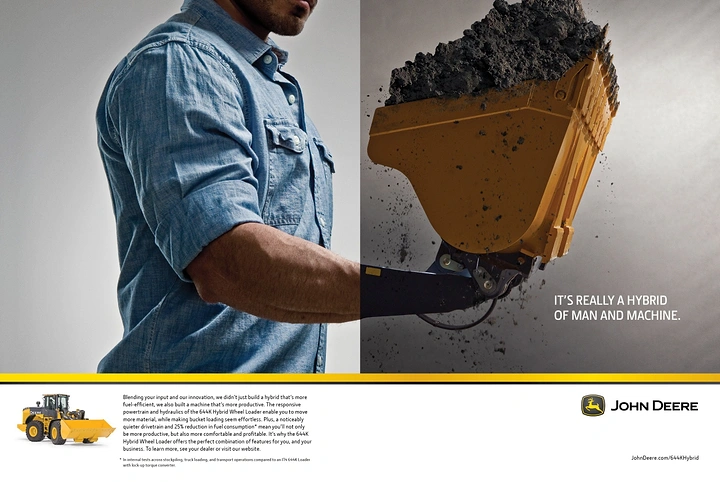 Automotive creative ad: Man's arm merging into a wheel loader bucket full of soil