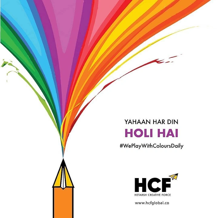 Holi creative ad: Pencil tip bursting into a fan of rainbow colour streams
