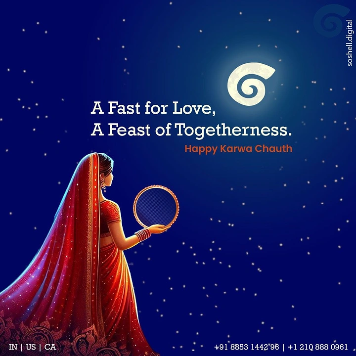 Karwa Chauth creative ad: Illustrated woman in red saree holding a sieve toward the moon