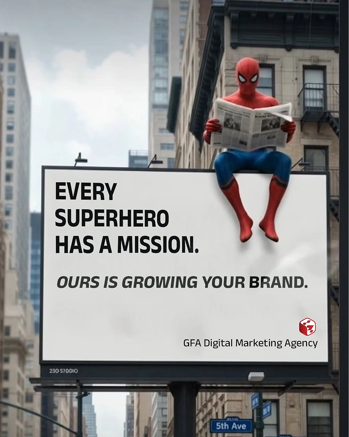 Agency creative ad: Spider-Man on billboard: superhero mission pun