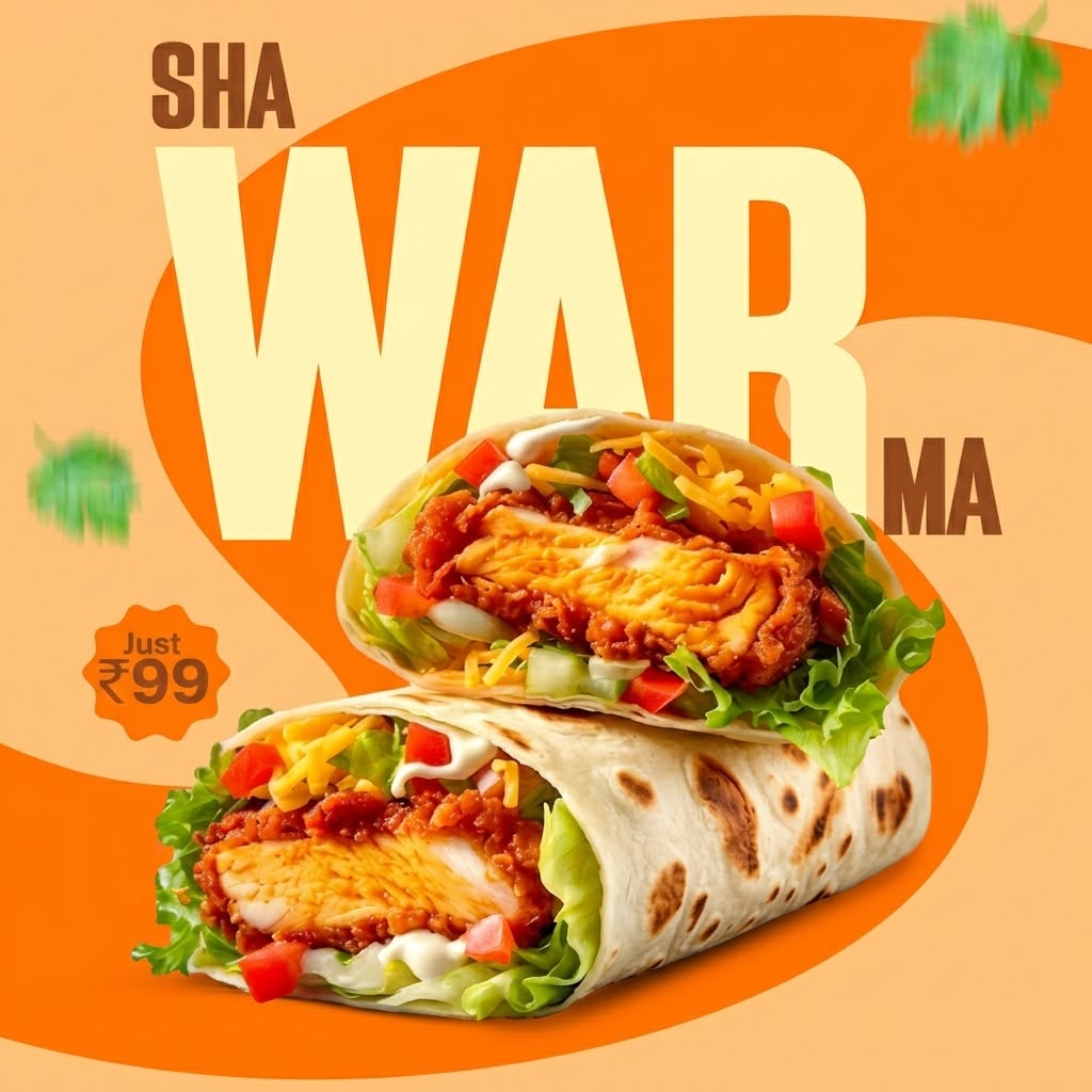 Instagram post: Word split visually echoes shawarma wraps