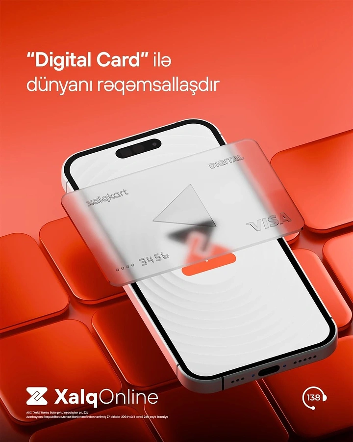 Creative ad: Frosted glass debit card floating over a smartphone on red tiles