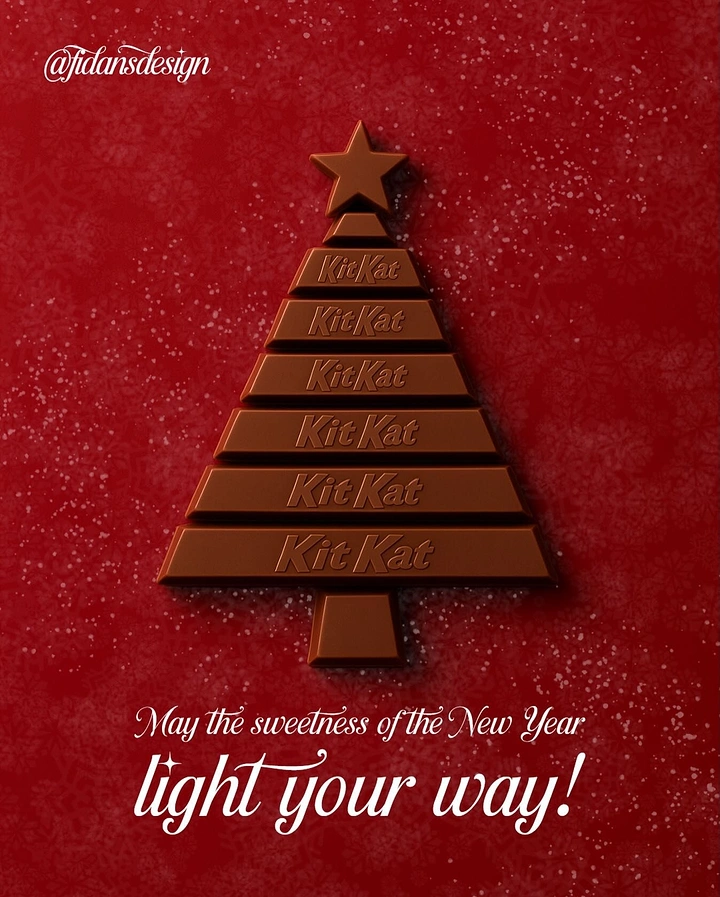 Christmas creative ad: Christmas tree assembled from stacked embossed chocolate bar pieces with a chocolate star