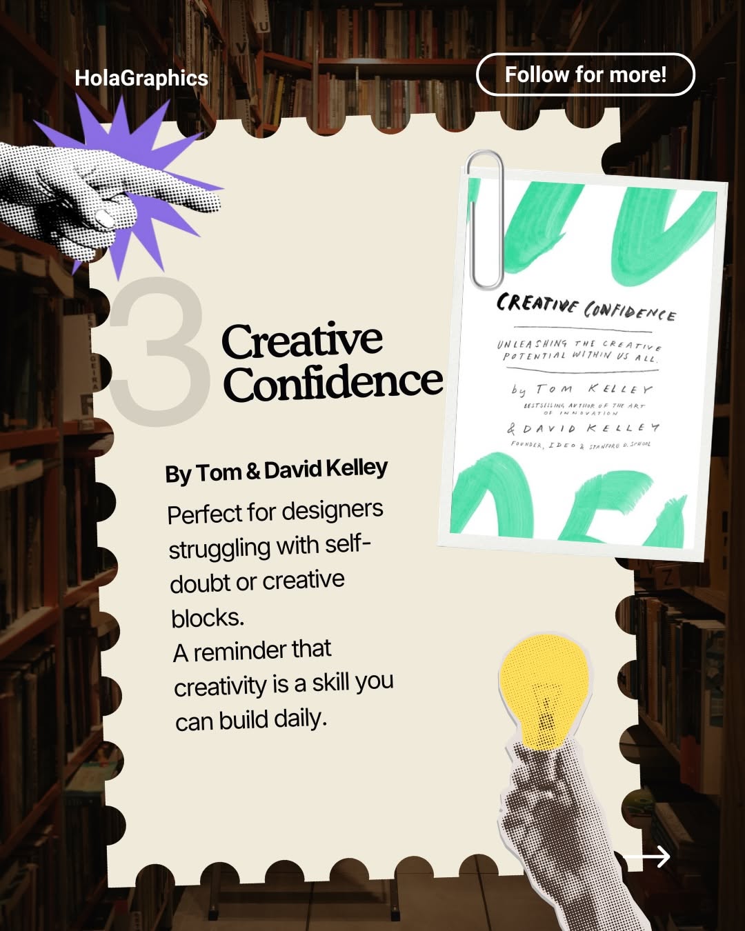 Instagram post: Brain-and-heart library metaphor for thinking, slide 4