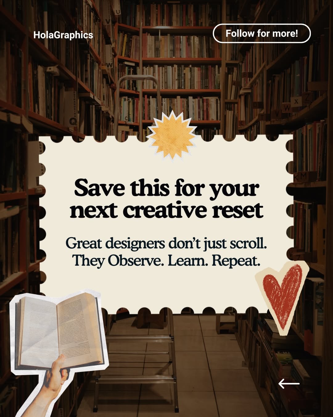 Instagram post: Brain-and-heart library metaphor for thinking, slide 7