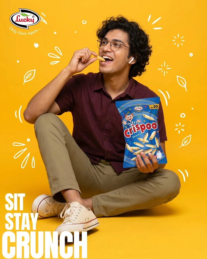 Snacks & Namkeen Brands creative ad: 'Sit Stay Crunch' playful copy pun