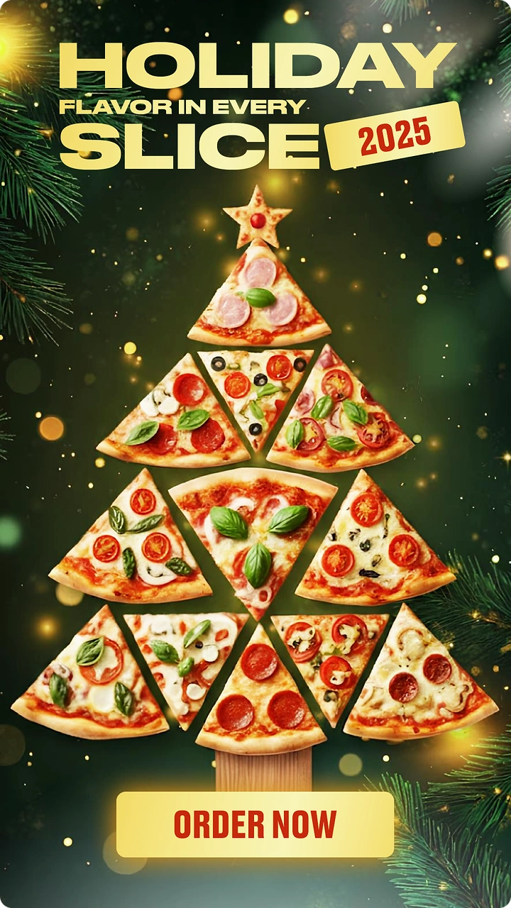 Christmas creative ad: Christmas tree built from pizza slices