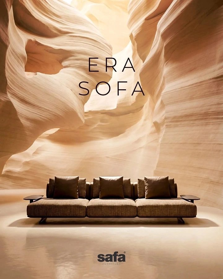 Creative ad: Low modular fabric sofa in a sandstone slot canyon