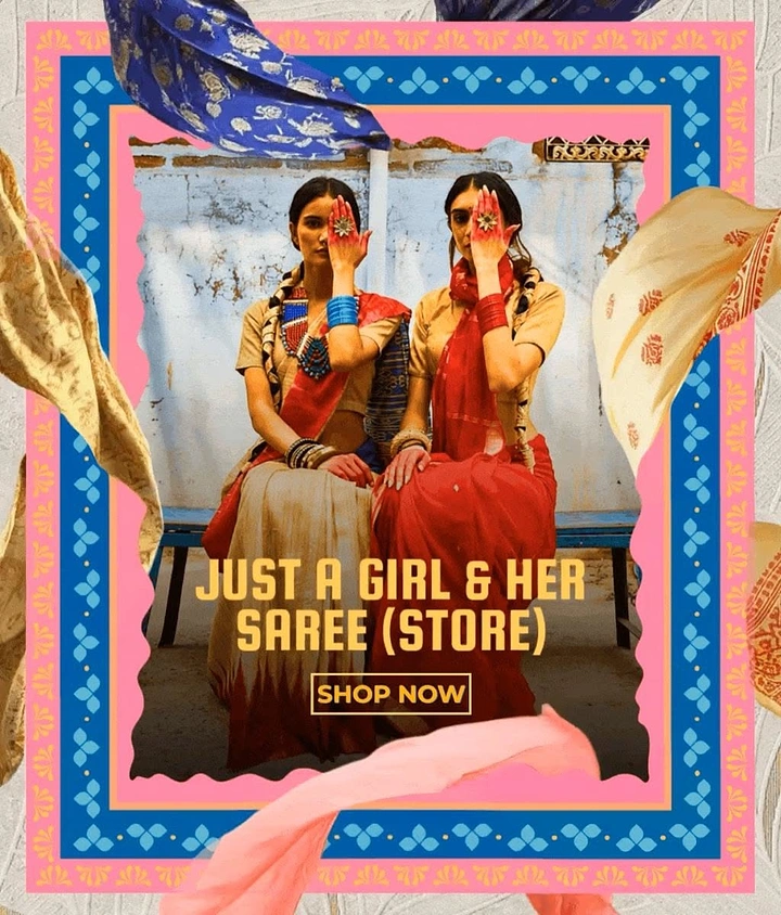 Ethnic Wear & Sarees creative ad: Retro collage 'Girl & her Saree (Store)' pun