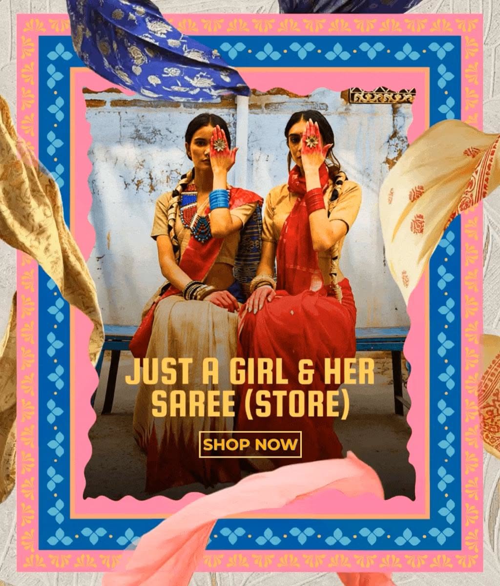 Instagram post: Retro collage 'Girl & her Saree (Store)' pun