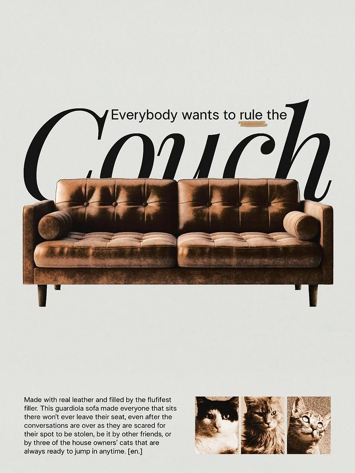 Creative ad: Tufted cognac leather sofa overlapping giant serif word