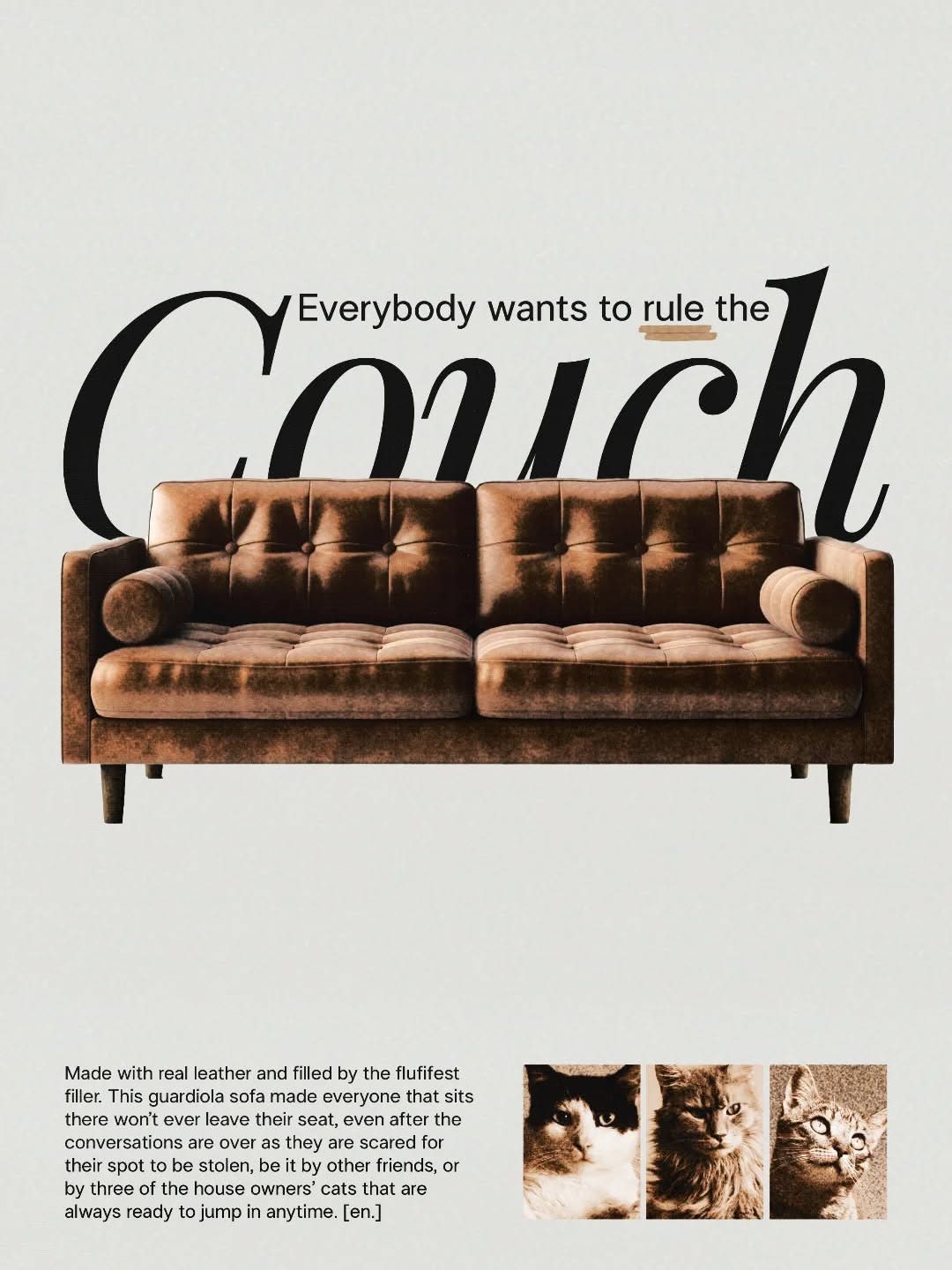 Instagram post: Tufted cognac leather sofa overlapping giant serif word