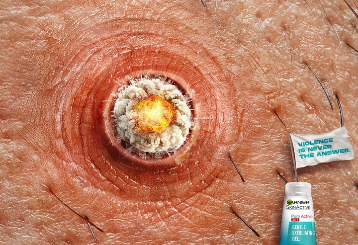 Pain Relief Brands creative ad: Skin crater dramatizes topical relief