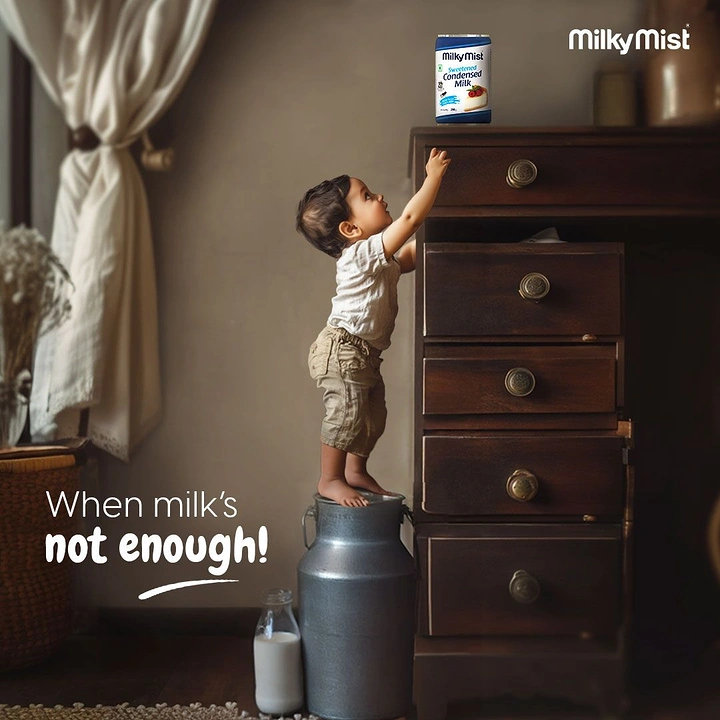 Dairy Brands creative ad: Toddler climbing for milk, witty line