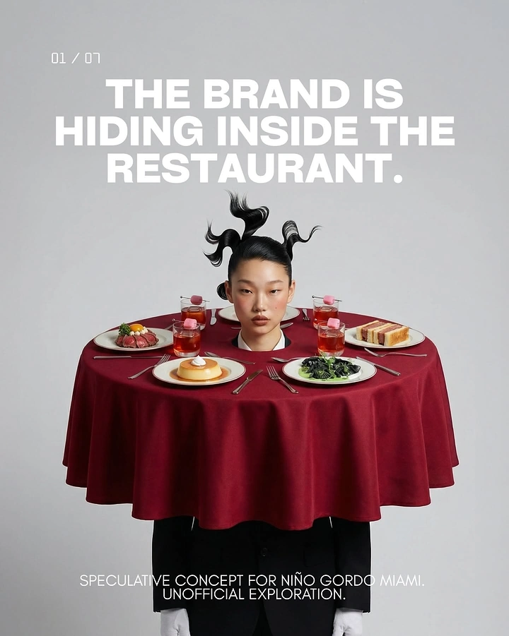 Agency creative ad: Model's head emerging through a dining table set with dishes